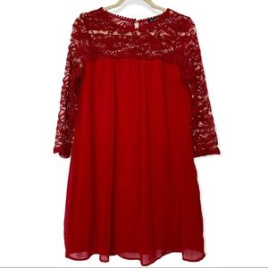 As U Wish Red Dress with Lace Neckline and Sleeves Sz Large